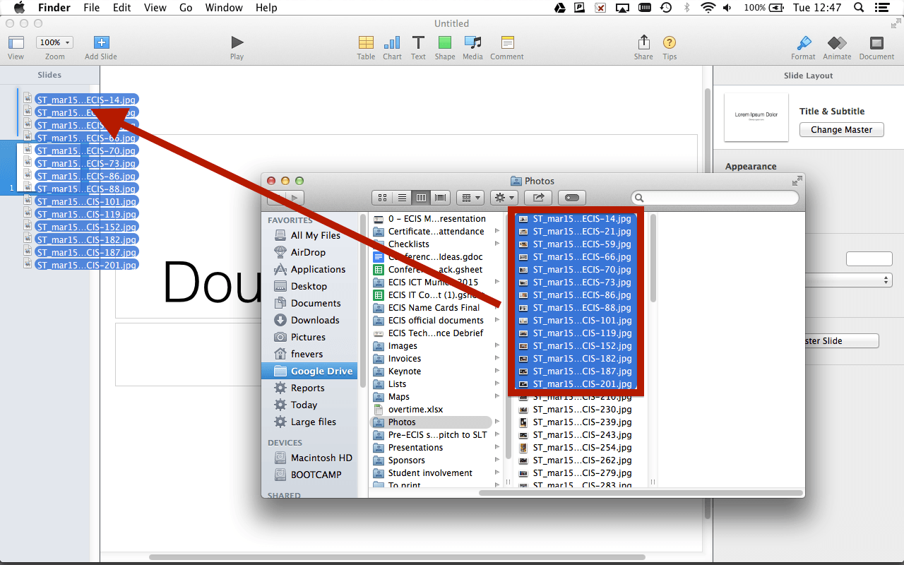 Drag photos onto Keynote's sidebar Drag photos onto Keynote's sidebar