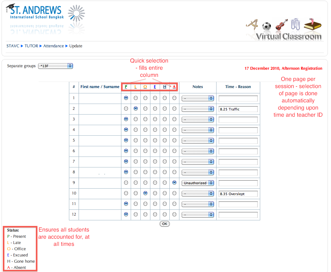 The 'Attendance' page The 'Attendance' page