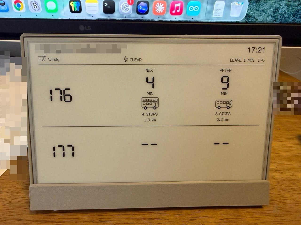 The screen showing 176 in 4 and 9 minutes, with stop counts and distance, and a strip along the top with weather, lightning and a leave message