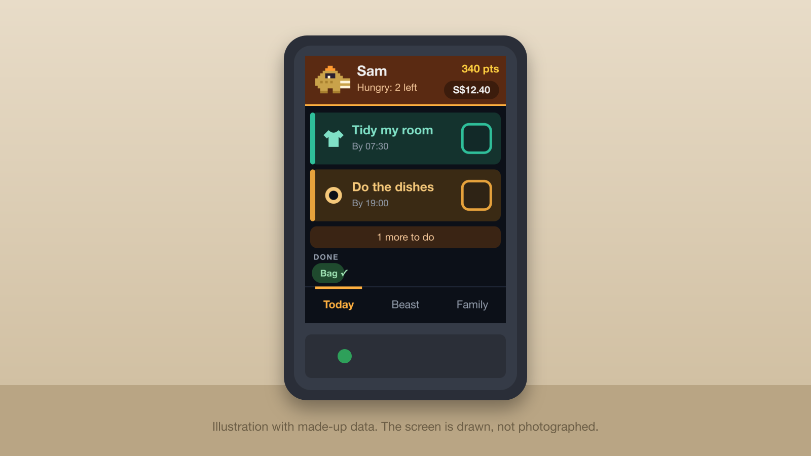 An illustration of a small upright case with a 2.8-inch touch screen showing two habit cards, a pixel-art desert creature and a money balance