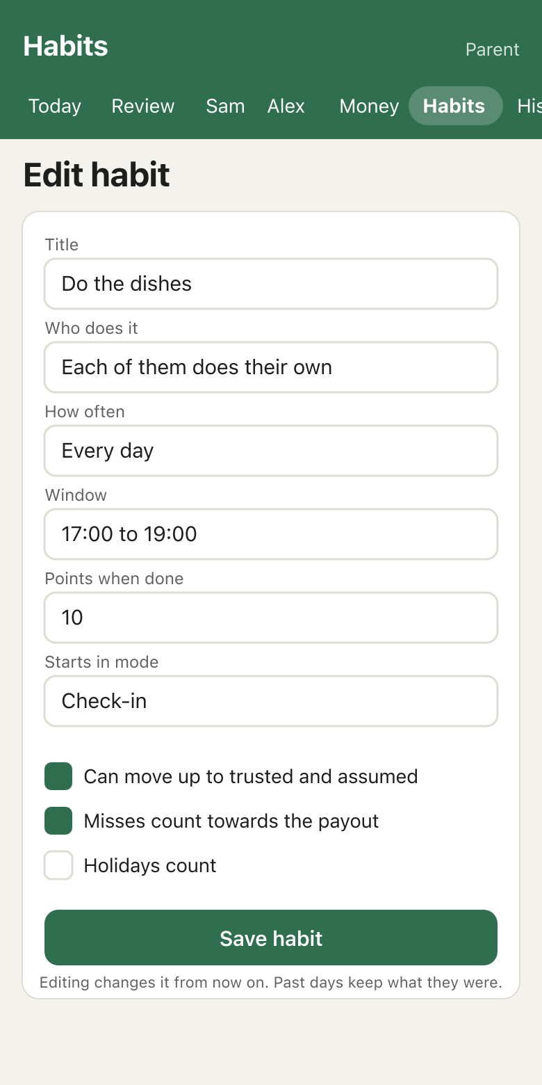 A phone-width portal page titled Edit habit, with fields for title, who does it, how often, the window, points and starting mode, and tick boxes for graduation and the payout