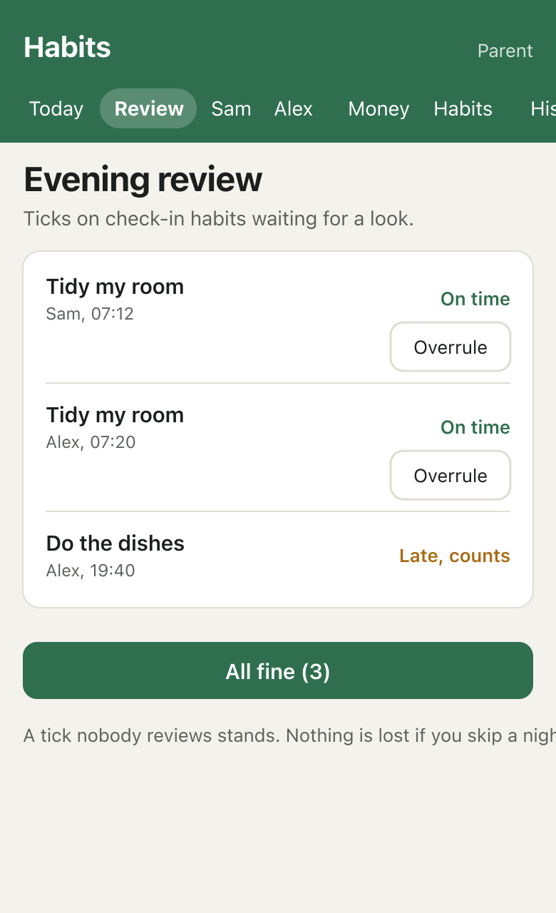 A phone-width portal page titled Evening review listing three ticks with Overrule buttons and one large All fine button