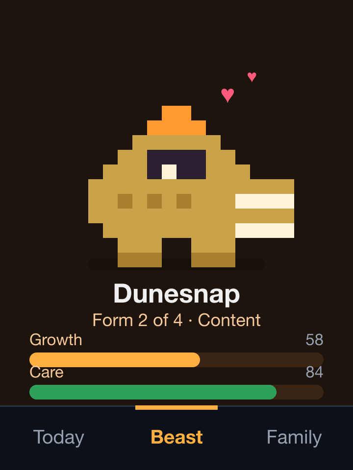 A dark brown screen showing a large pixel-art desert creature with small hearts, its name, its form and mood, and bars for growth and care