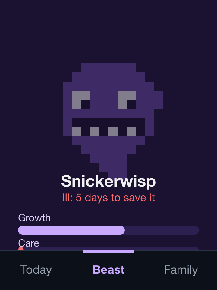 A dark purple screen showing a faded pixel-art shadow creature, the text Ill: 5 days to save it, and a growth bar and a nearly empty care bar