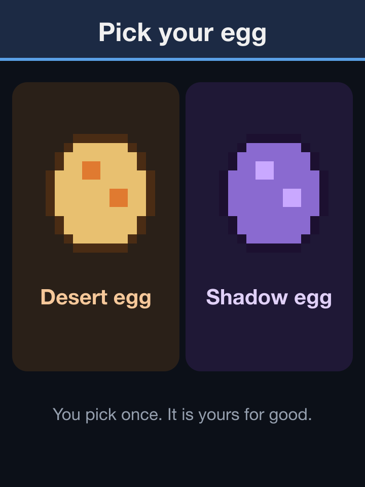 A screen titled Pick your egg with two pixel-art eggs side by side, one sandy with orange spots and one purple with pale spots