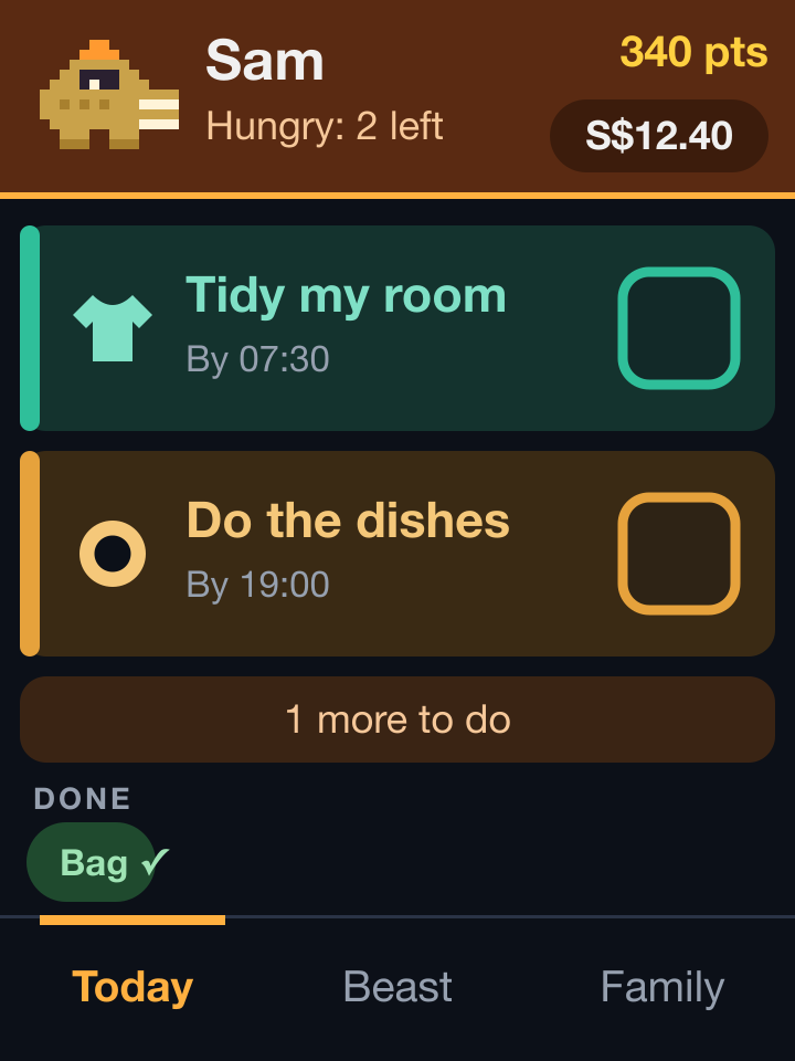 A dark touch screen with a brown header showing a pixel-art desert creature, a name, 340 points and a money balance, two habit cards for tidying a room and doing the dishes, a bar saying one more to do, and a row of tabs