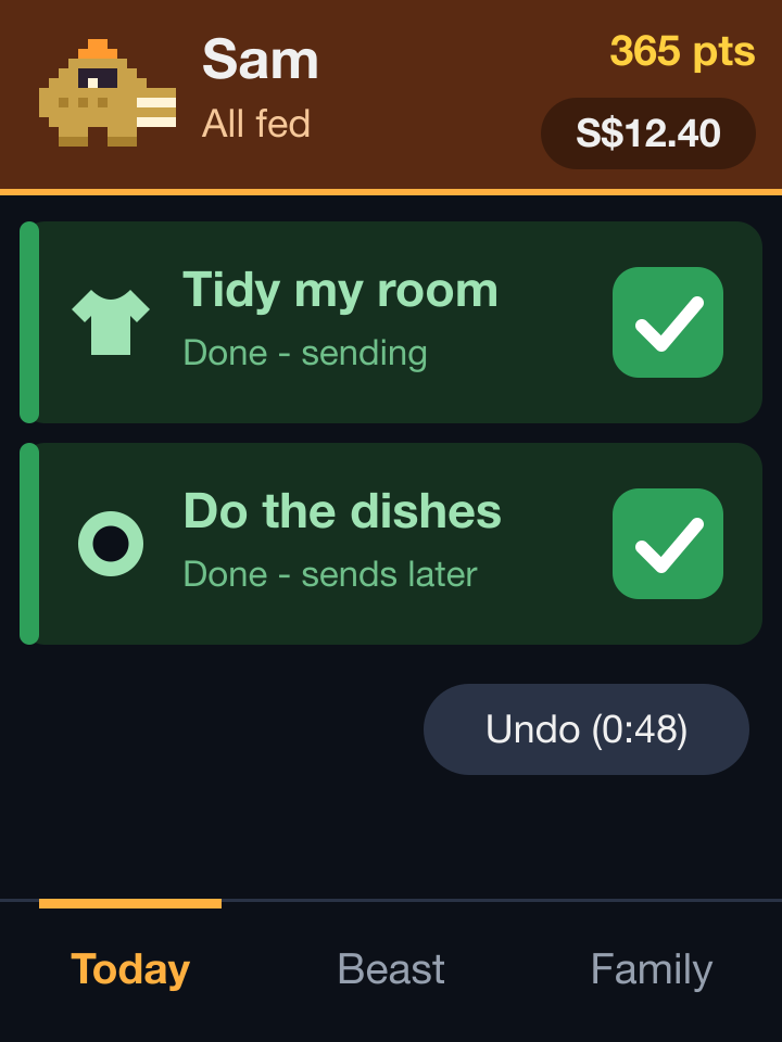 The Today tab with both habit cards ticked green, one reading Done - sending and the other Done - sends later, and an Undo button with a countdown