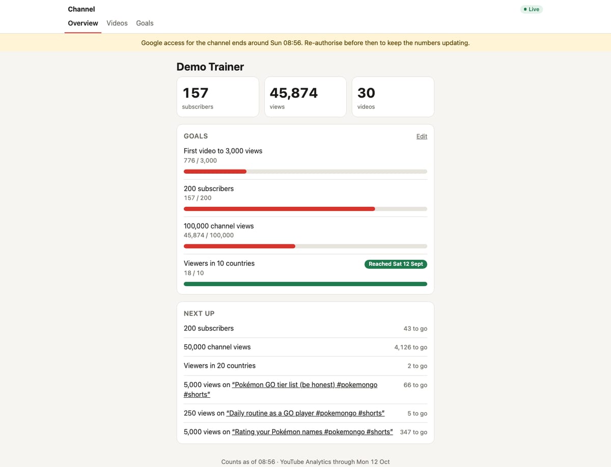 A plain white dashboard with subscriber, view and video counts, goal progress bars and a Next up list