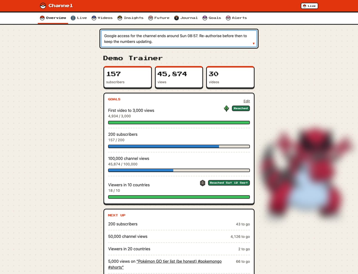 The same overview page restyled with a red header, Poké Ball navigation, a pixel font and a blurred partner Pokémon